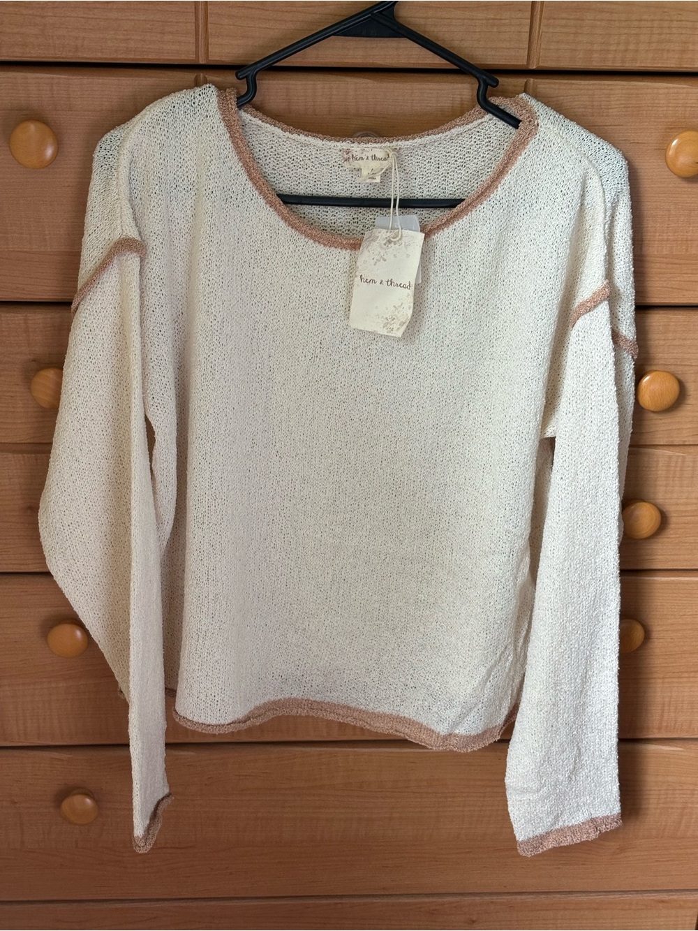 Hem & Thread Cream Crewneck Sweater with Tan Contrast Trim NWT - Picture 2 of 4